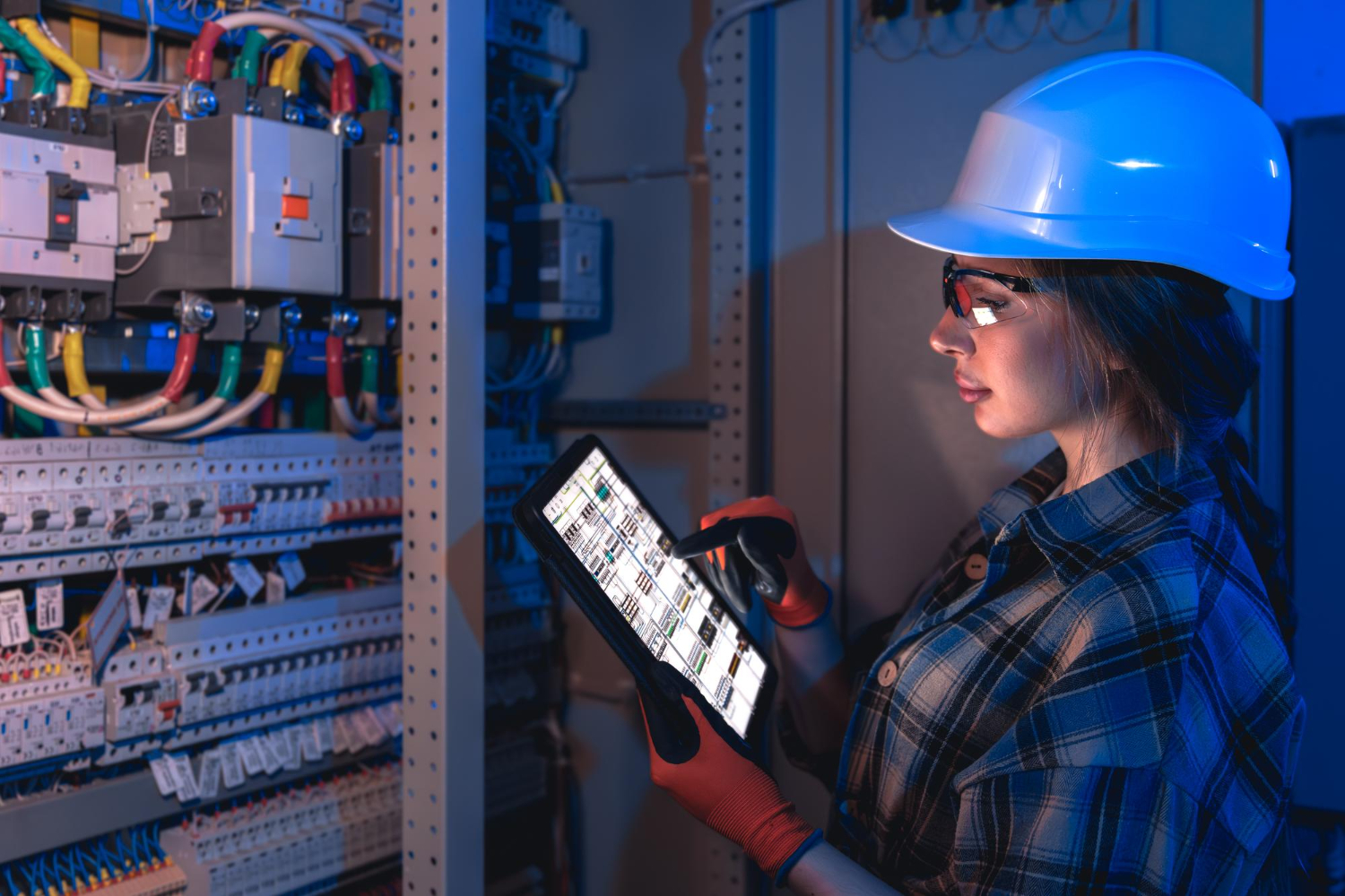engenheira ao lado de quadro de energia analisando entendendo o que são redes elétricas inteligentes
