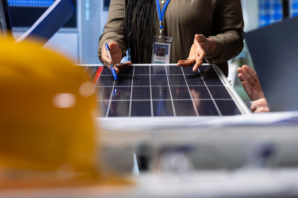 Técnica explica funcionamento de sistemas híbridos solar-bateria durante análise de placa fotovoltaica